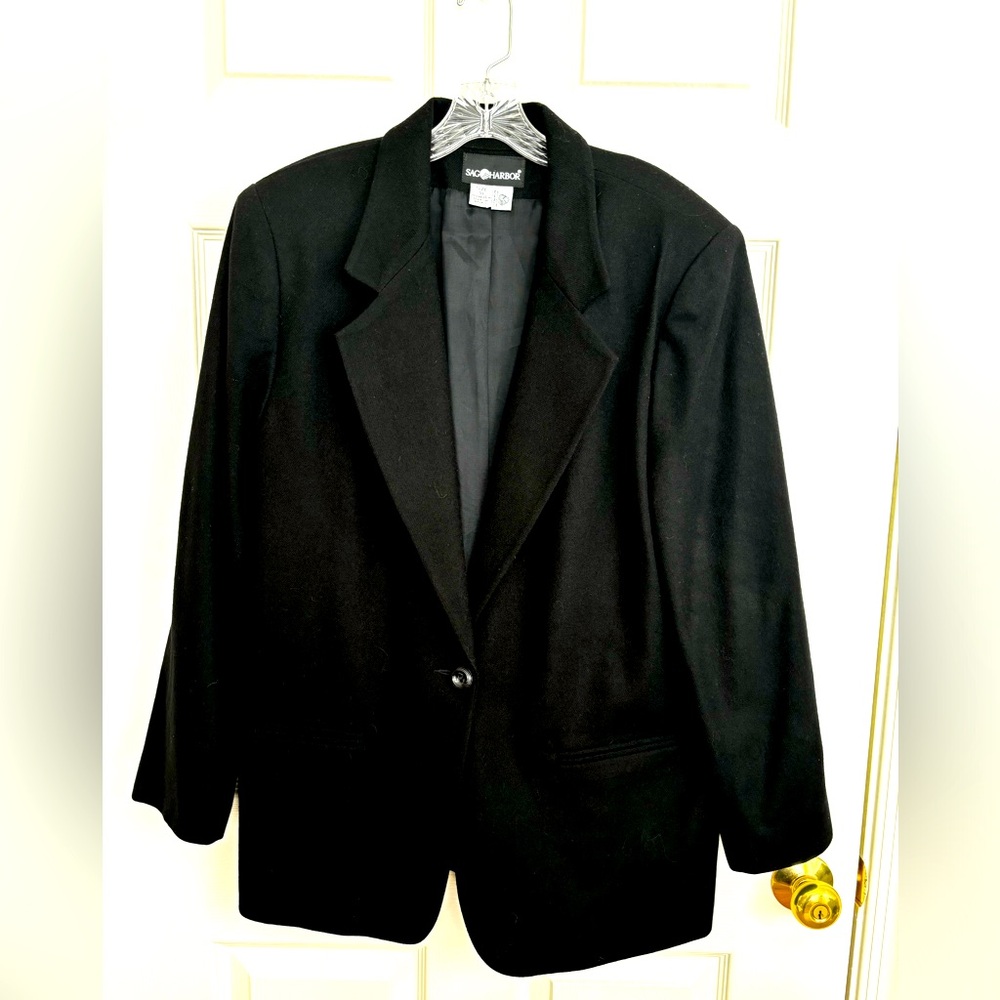 WOMENS SAG HARBOR NAVY BLUE WOOL LINED  ONE BUTTON BLAZER-TWO SLIT POCKETS SZ 18 - Picture 3 of 14